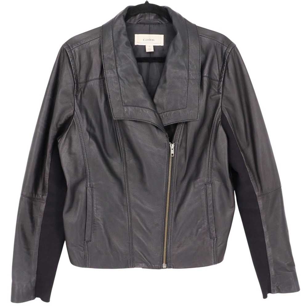 Caslon Leather Moto Jacket Womens Size XL Black Ribbed Sides Zip Front Biker